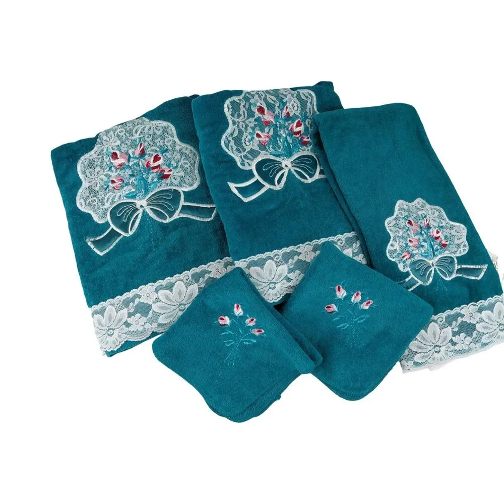 Vtg JC Penny's Cotton Lace Trim  Ribbon & Rose 5 Pc Towel Set Dark Green USA NOS